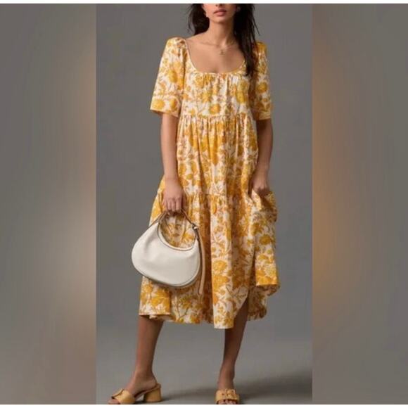 by Anthropologie M 100% Cotton Mustard Yellow White Fall Tiered Maxi Dress EUC - Picture 1 of 14